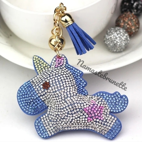 Unicorn Crystal Rhinestone Keychain Bag Charm With Blue Tassel - Picture 5 of 15